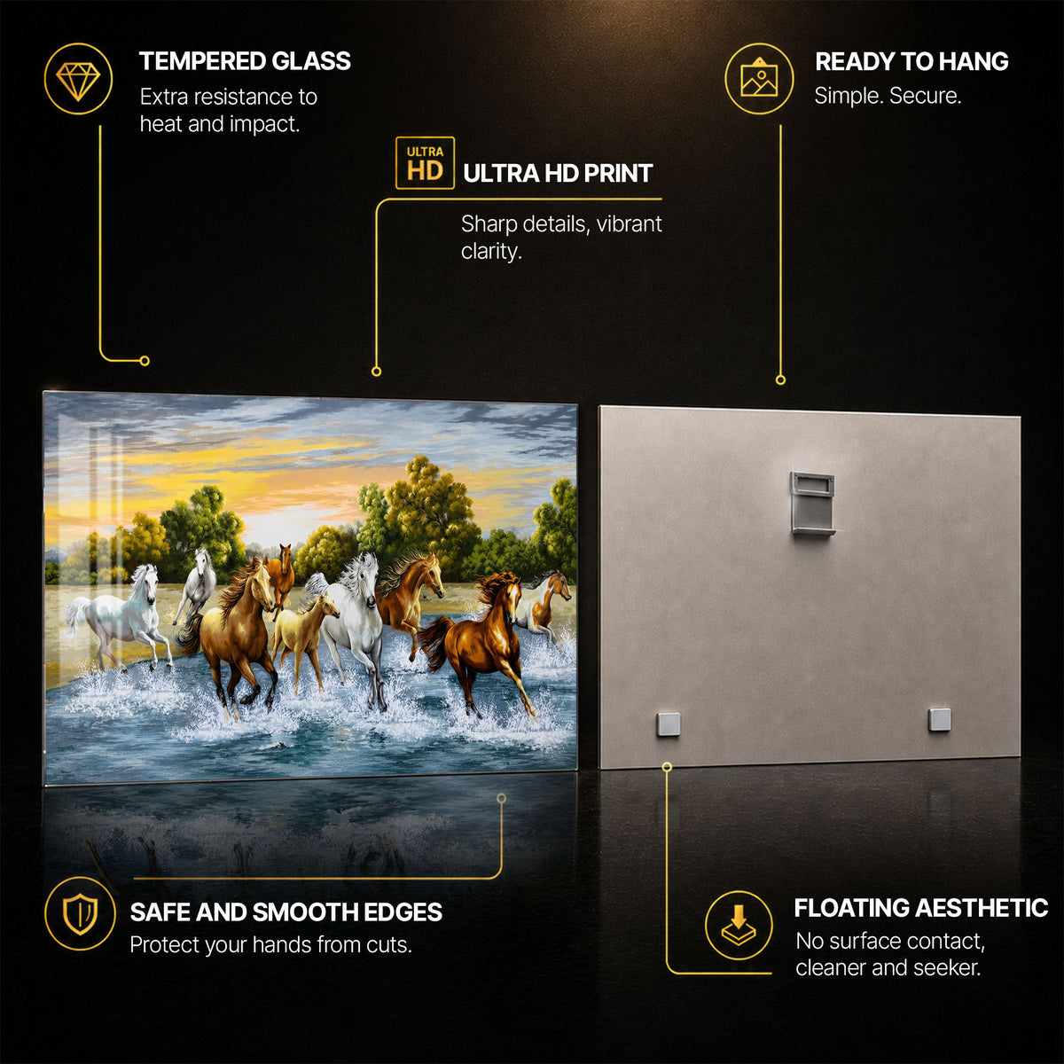 Horses Running Through Water — tempered glass, ultra HD print, ready to hang