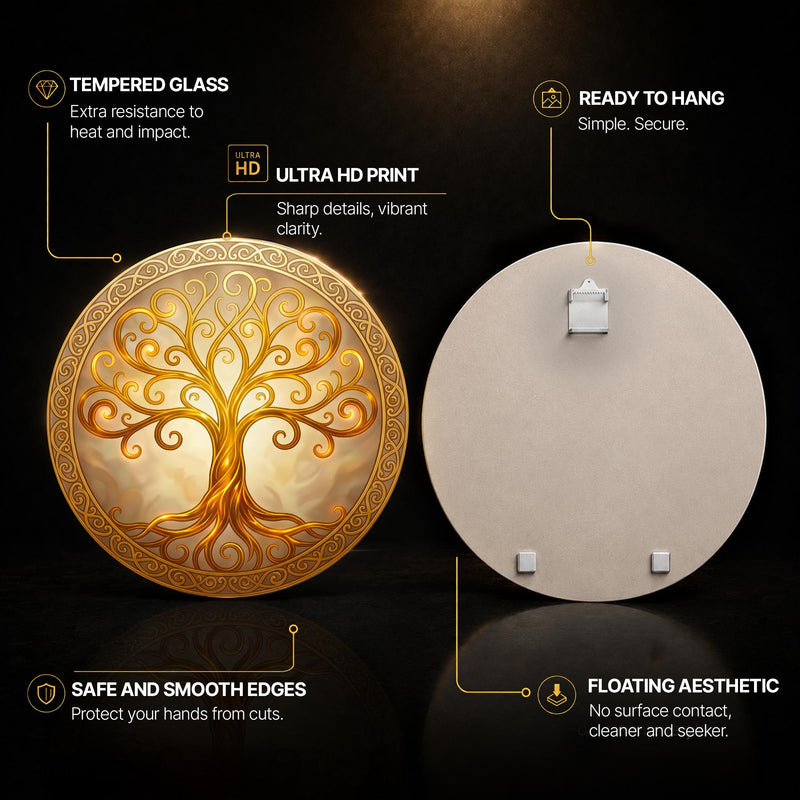 Golden Swirl Celtic Tree — tempered glass, ultra HD print, ready to hang