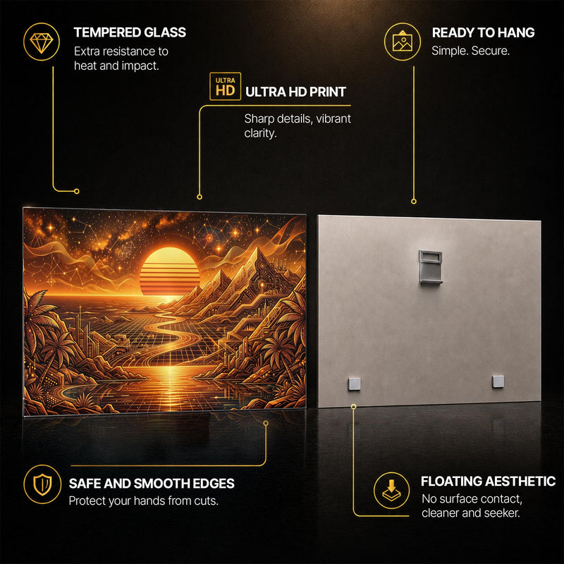 Cyber Sunset Valley — tempered glass, ultra HD print, ready to hang