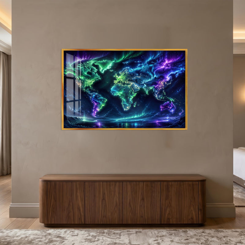 Aurora World Map with gold frame
