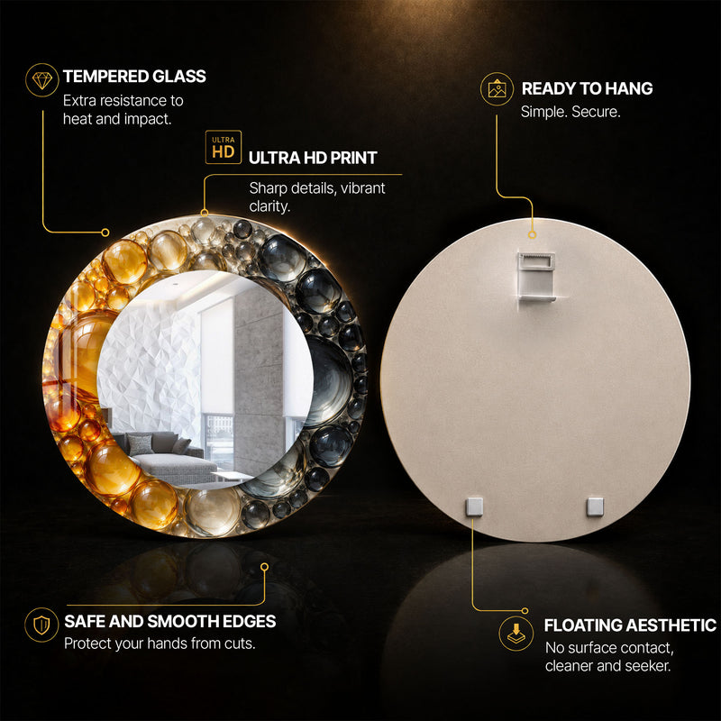 Amber Eclipse Bubbles — tempered glass, ultra HD print, ready to hang