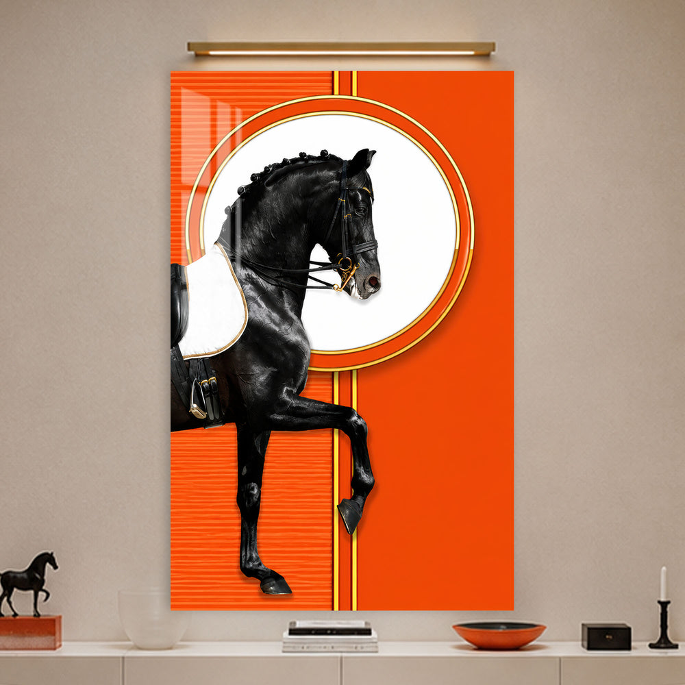 Black Horse in Orange in a modern room