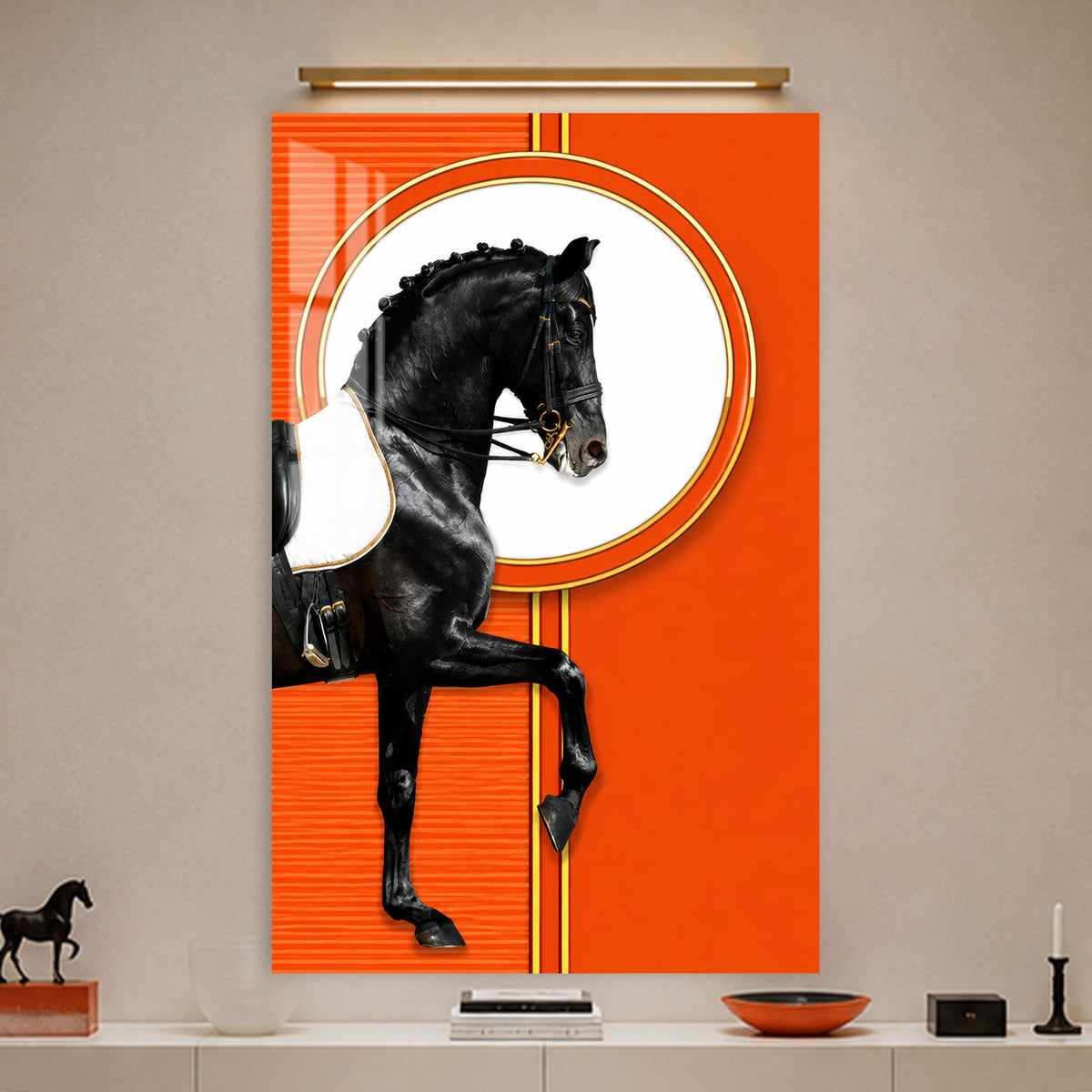 Black Horse in Orange in a modern room
