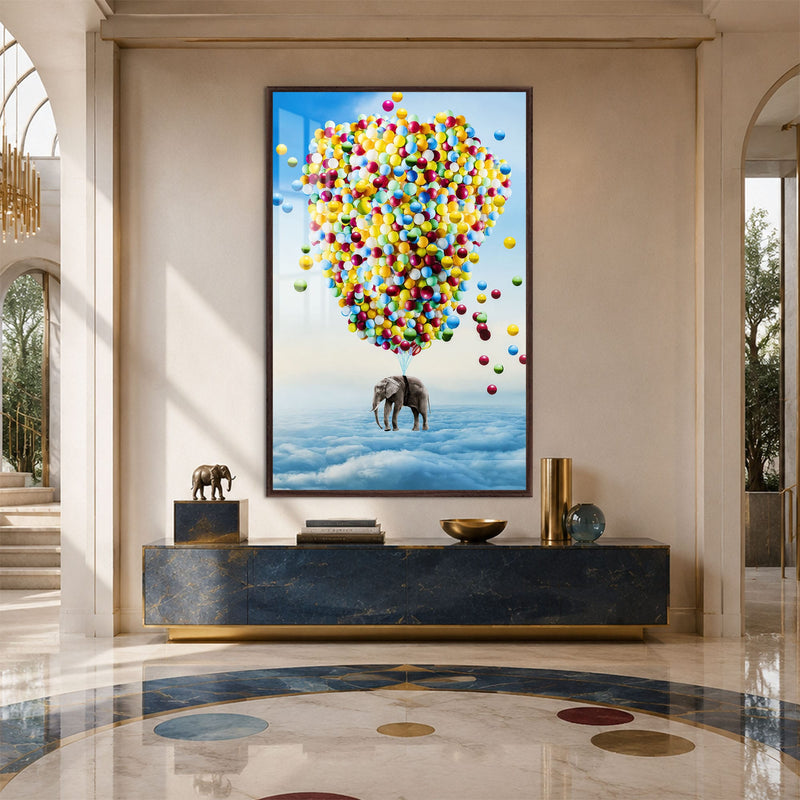 Artronauts Glass Print 12x18 cm | 4.7"x7.1" / Walnut Elephant Balloon Adventure Glass Wall Art