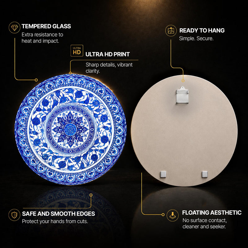 Sapphire Floral Medallion — tempered glass, ultra HD print, ready to hang