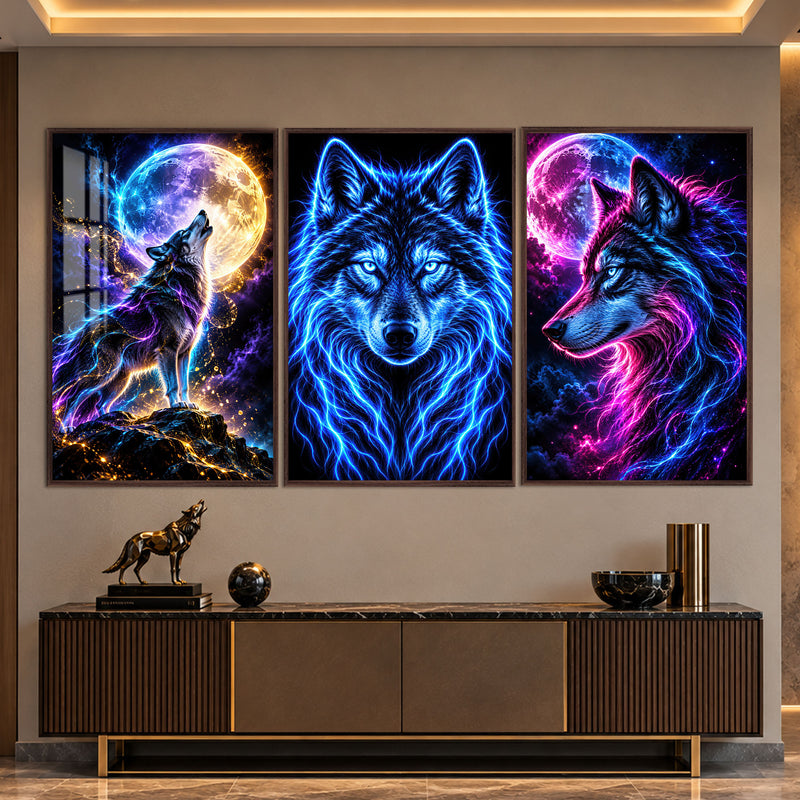 Neon Wolf with walnut frame
