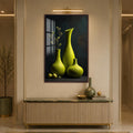 Sculptural Green Vases with walnut frame