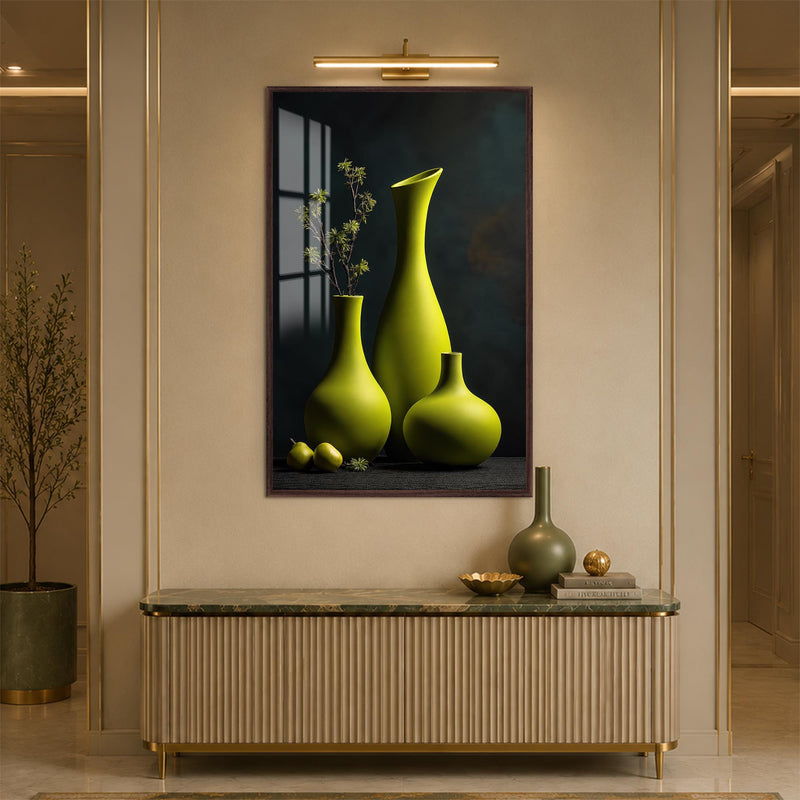 Sculptural Green Vases with walnut frame