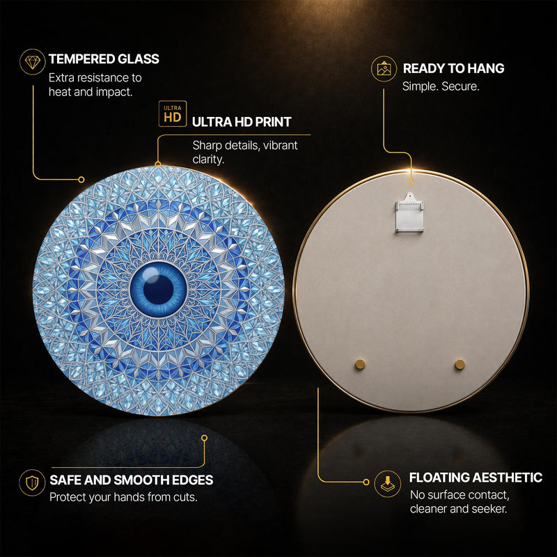 Crystal Mandala Blue Eye — tempered glass, ultra HD print, ready to hang