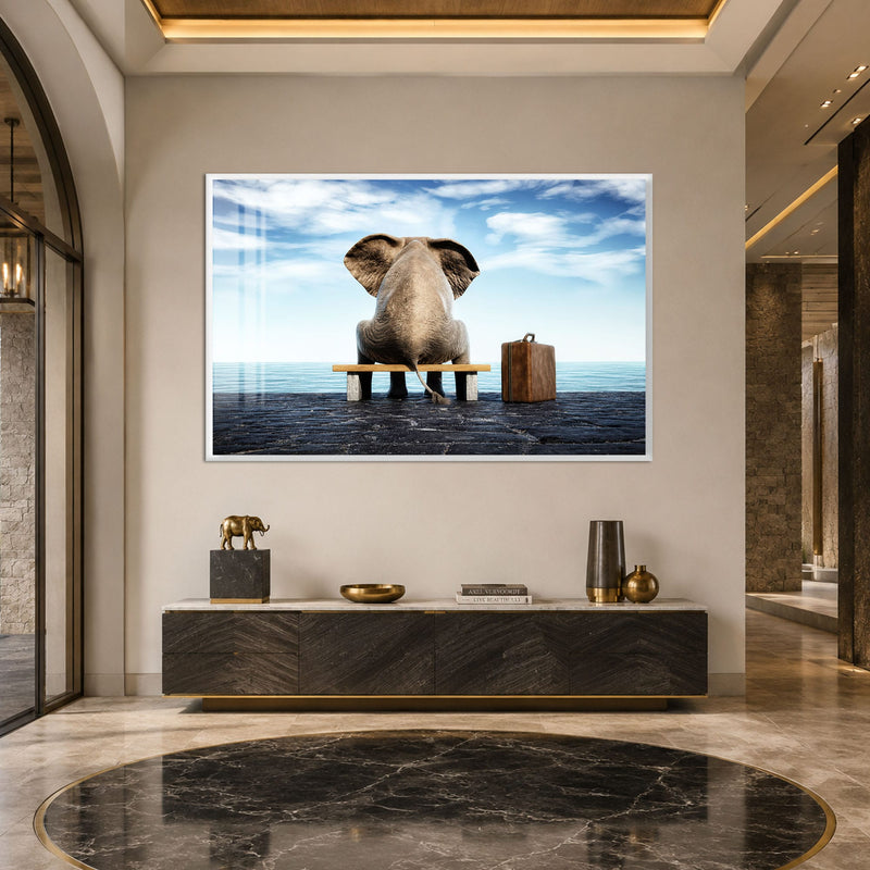 Artronauts Glass Print 18x12 cm | 7.1"x4.7" / White Elephant Waiting Seaside Glass Wall Art