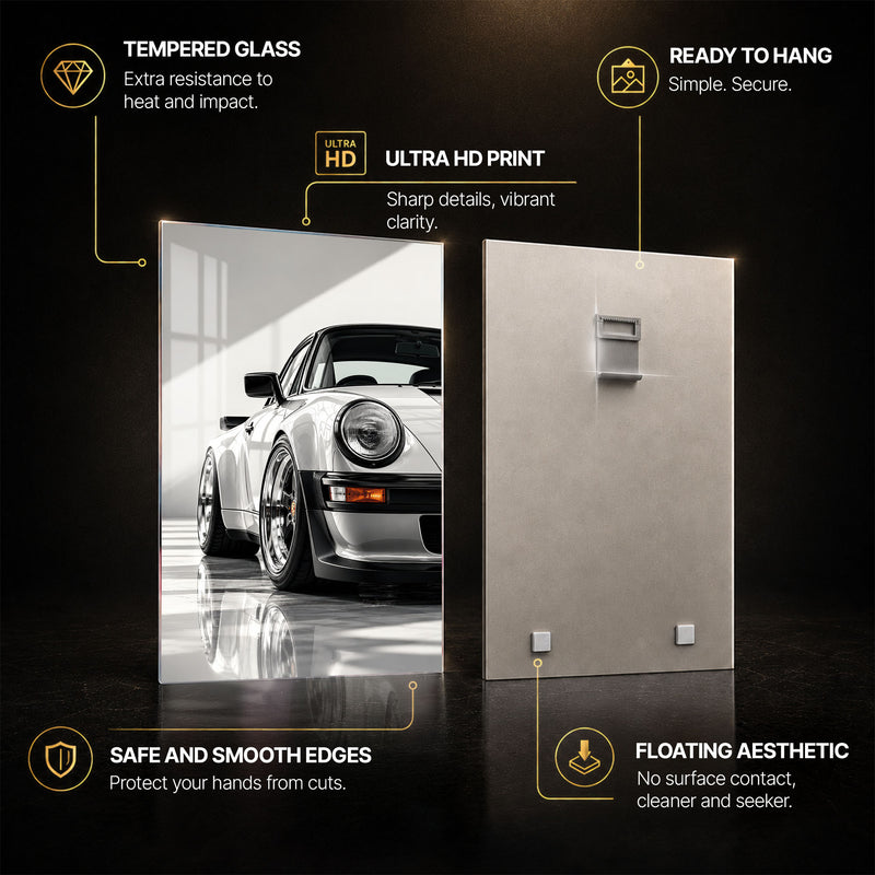 Classic Porsche — tempered glass, ultra HD print, ready to hang