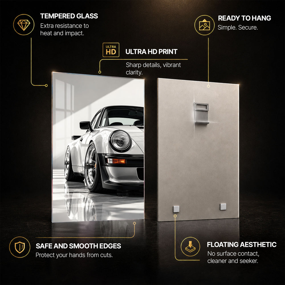 Classic Porsche — tempered glass, ultra HD print, ready to hang