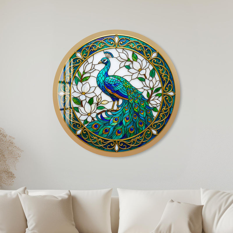 Stained Glass Peacock And Magnolia with gold frame