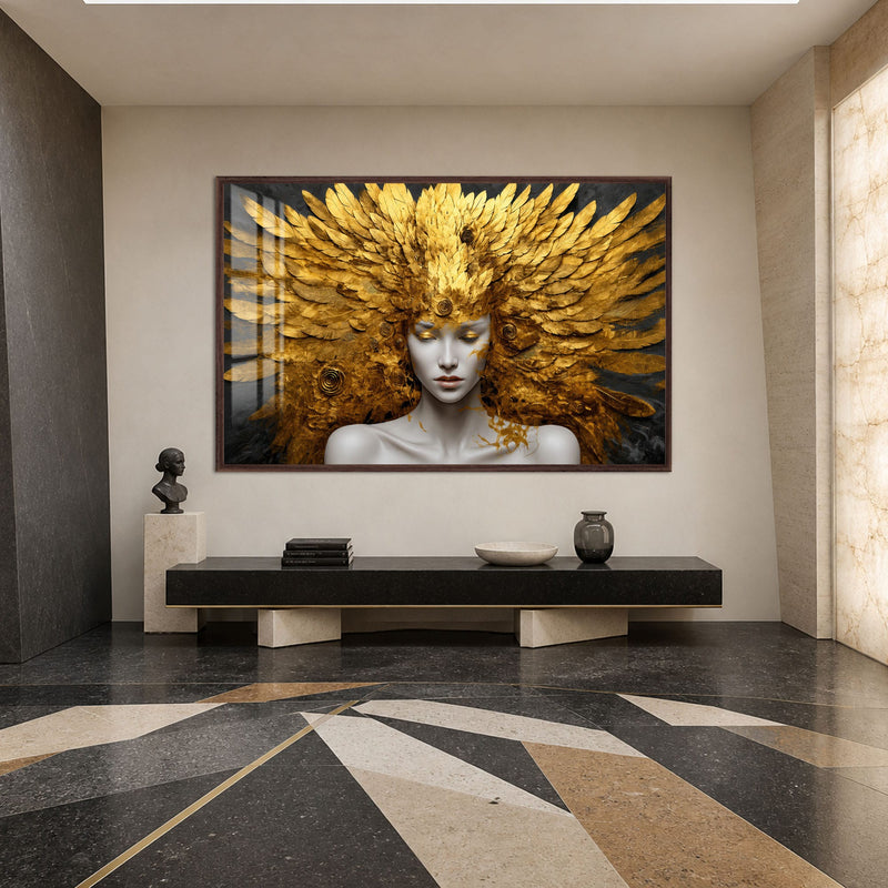 Artronauts Glass Print 18x12 cm | 7.1"x4.7" / Walnut Golden Feather Goddess Glass Wall Art