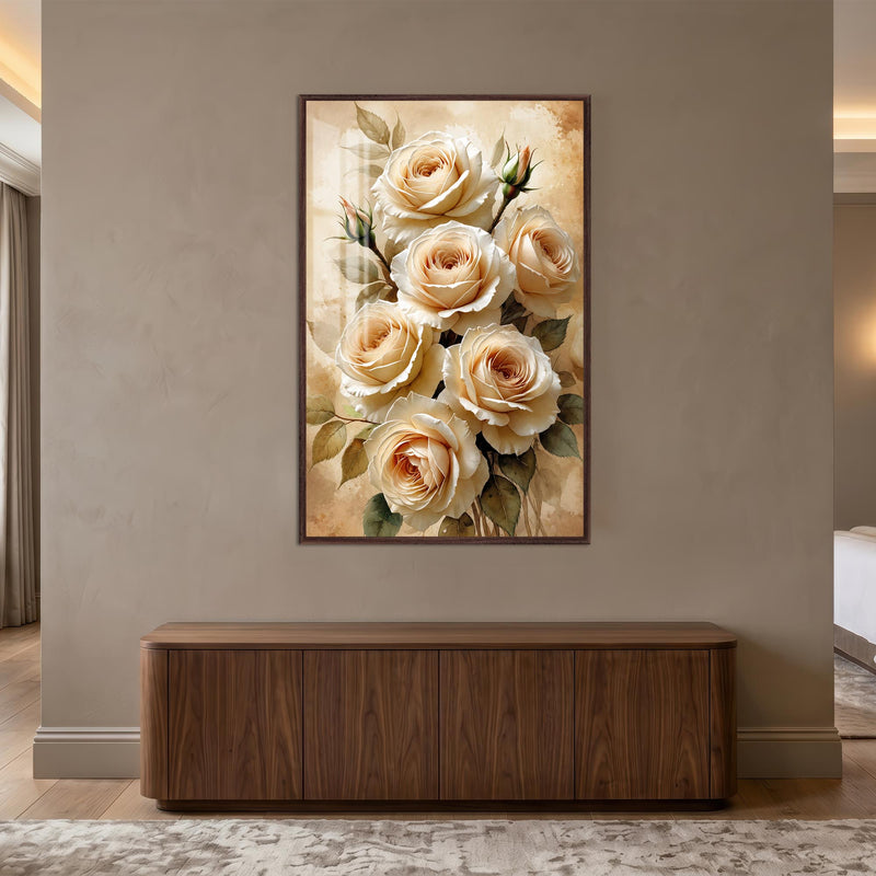 Champagne Rose Bouquet with walnut frame