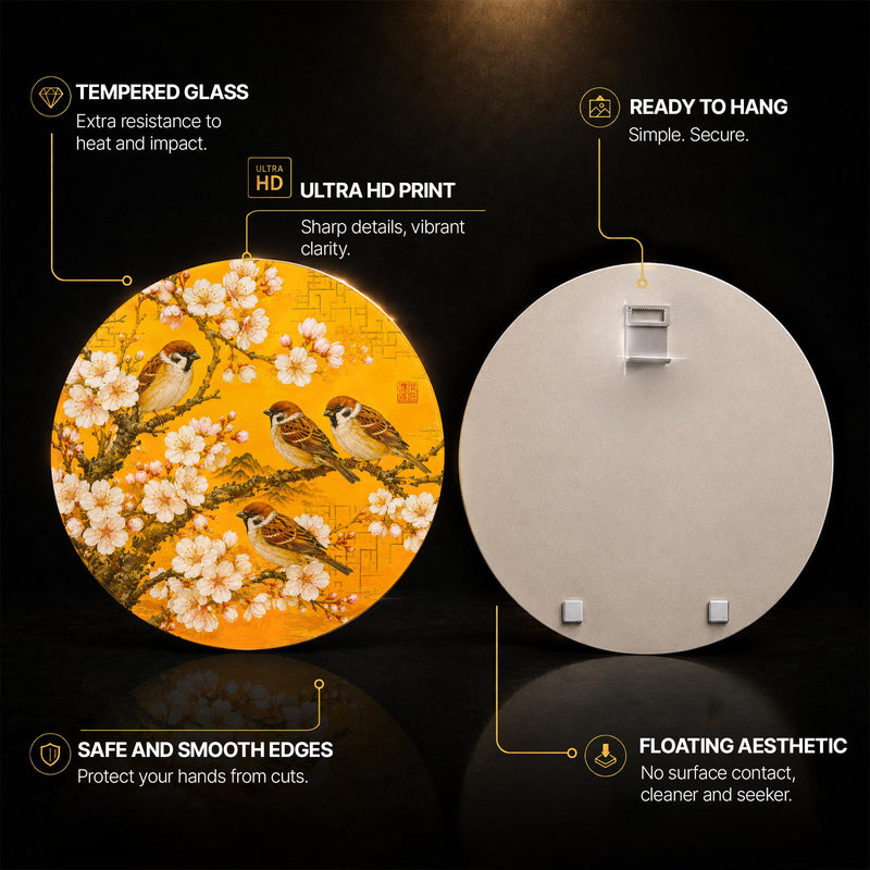 Golden Blossom Sparrows — tempered glass, ultra HD print, ready to hang