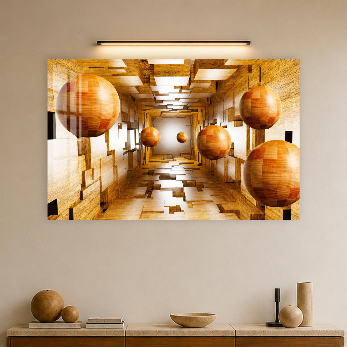 Artronauts Glass Print Wooden Sphere Corridor Glass Wall Art