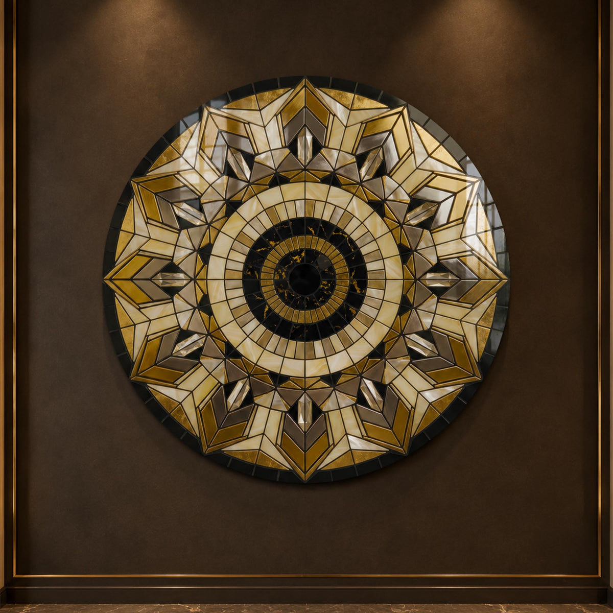 Golden Facet Mandala — tempered glass, ultra HD print, ready to hang
