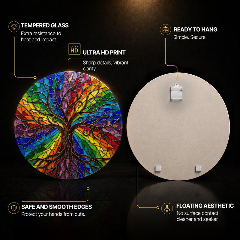 Rainbow Stained Glass Tree Of Life — tempered glass, ultra HD print, ready to hang