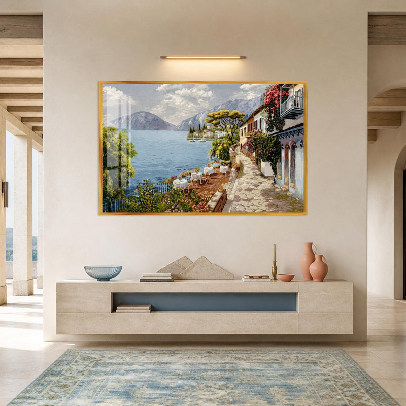 Artronauts Glass Print 18x12 cm | 7.1"x4.7" / Gold Riviera Lakeside Terrace Glass Wall Art