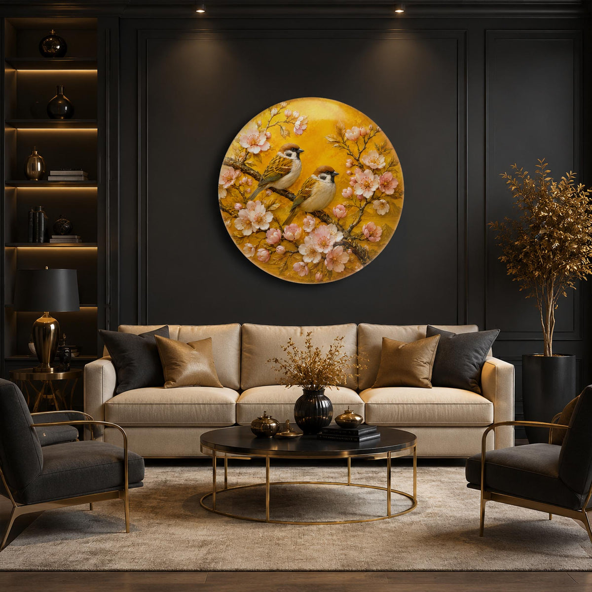 Sparrows In Blossom — tempered glass, ultra HD print, ready to hang