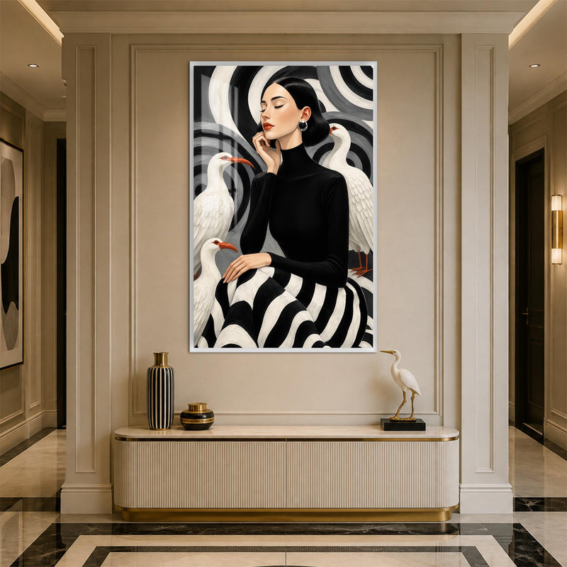Artronauts Glass Print 12x18 cm | 4.7"x7.1" / White Woman Among White Cranes Glass Wall Art