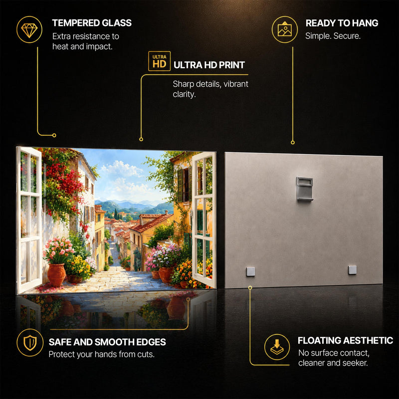 Tuscan Window View — tempered glass, ultra HD print, ready to hang