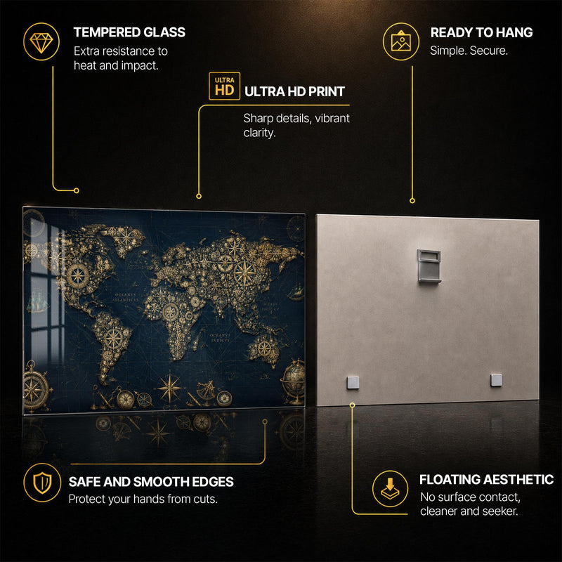 Gilded Navigator World Map — tempered glass, ultra HD print, ready to hang