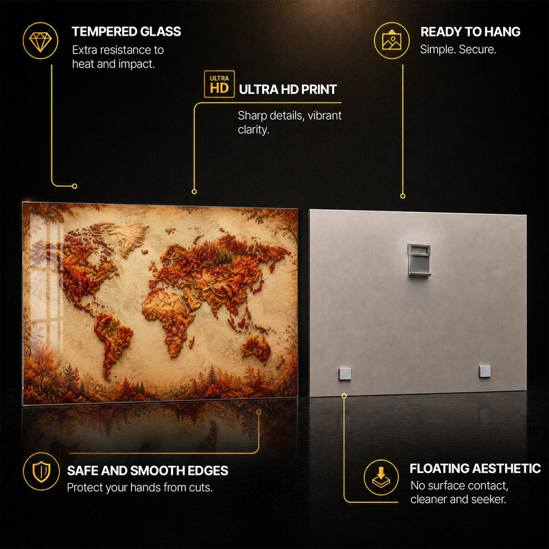 Autumn World Map — tempered glass, ultra HD print, ready to hang