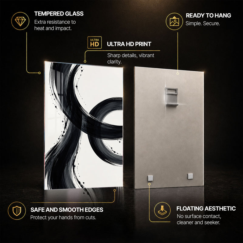 Monochrome Brushstroke — tempered glass, ultra HD print, ready to hang
