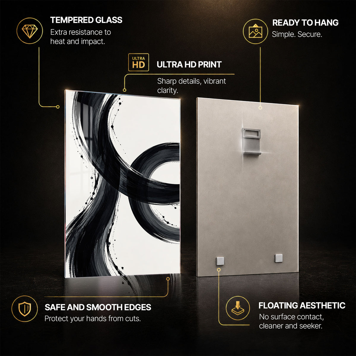 Monochrome Brushstroke — tempered glass, ultra HD print, ready to hang