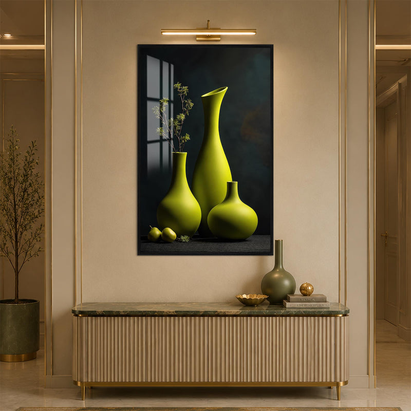 Sculptural Green Vases with black frame