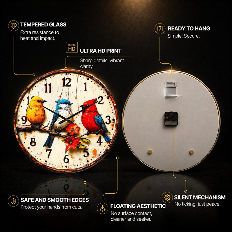 Colourful Garden Birds — tempered glass, ultra HD print, ready to hang