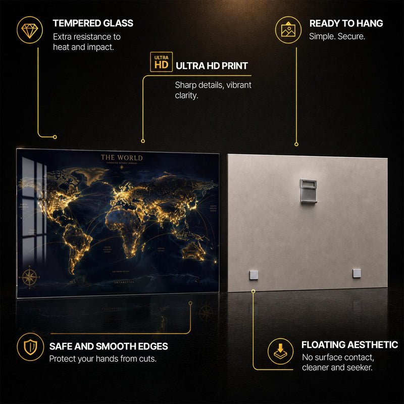 Golden Global Connections — tempered glass, ultra HD print, ready to hang