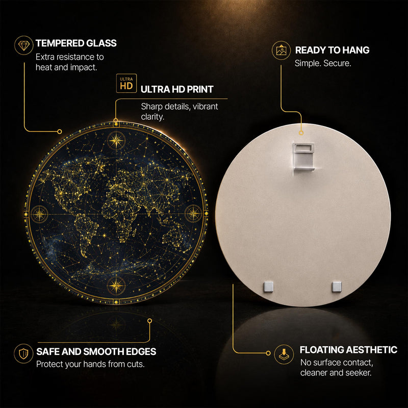 Celestial World Map — tempered glass, ultra HD print, ready to hang