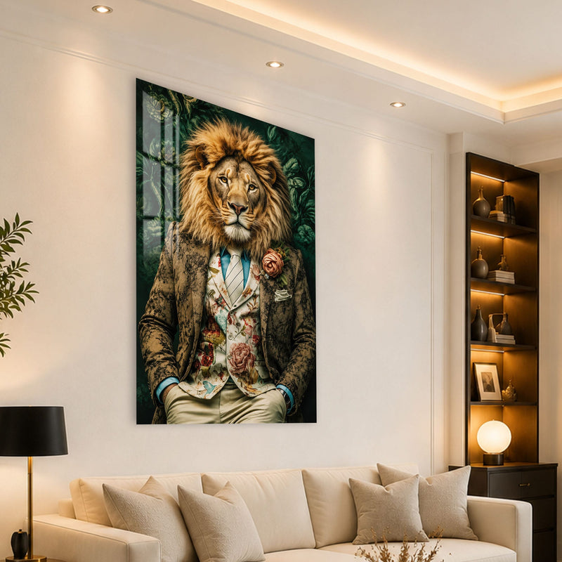 Artronauts Glass Print Floral Gentleman Lion Glass Wall Art
