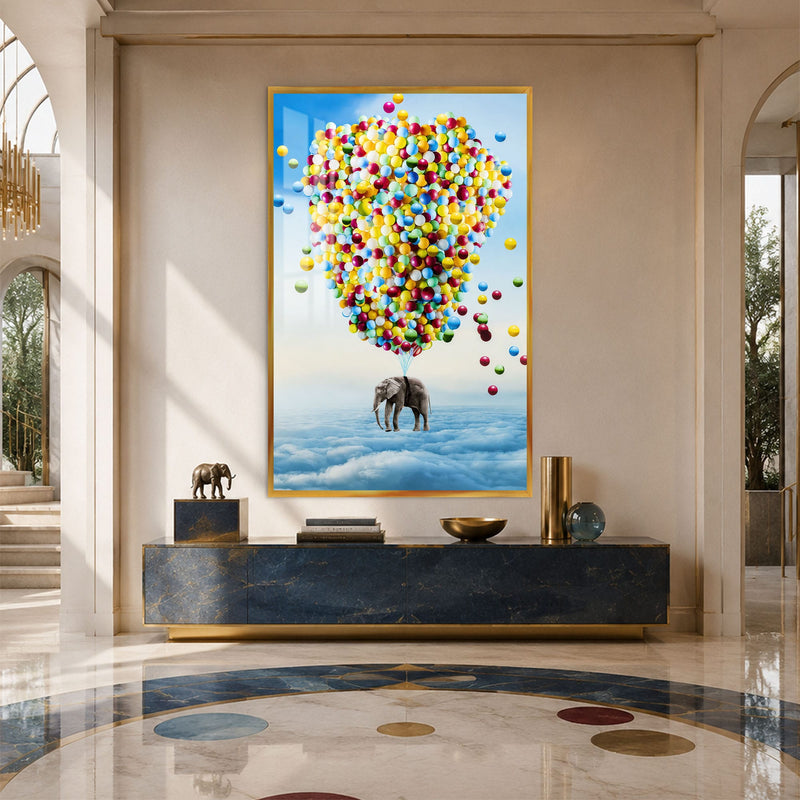 Artronauts Glass Print 12x18 cm | 4.7"x7.1" / Gold Elephant Balloon Adventure Glass Wall Art