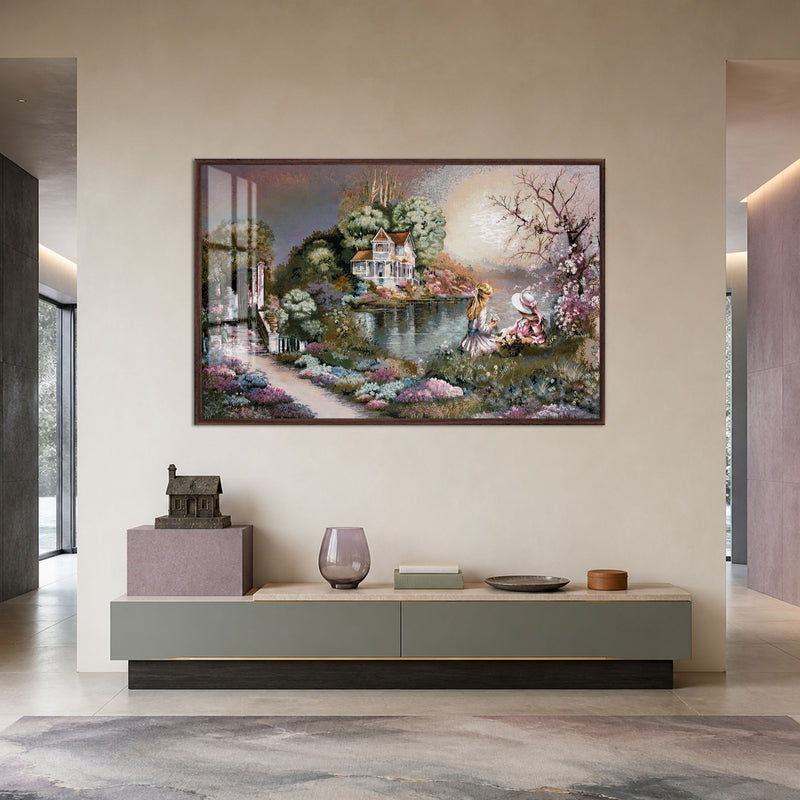 Children by the Victorian Lake House with walnut frame