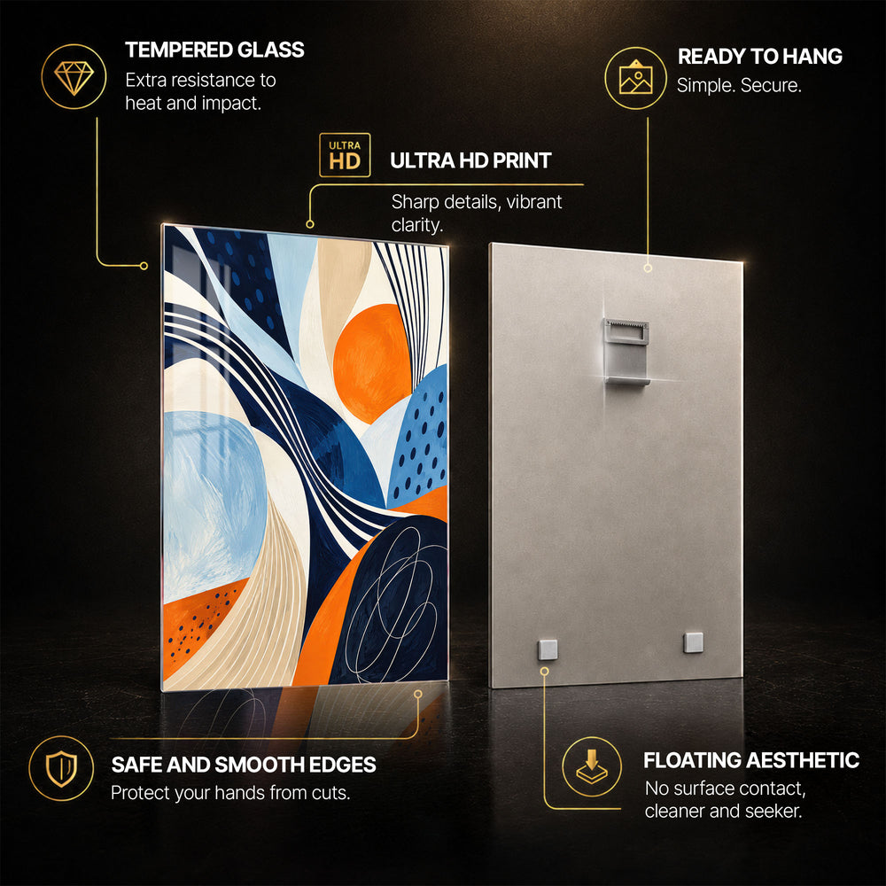 Blue Orange Abstract — tempered glass, ultra HD print, ready to hang