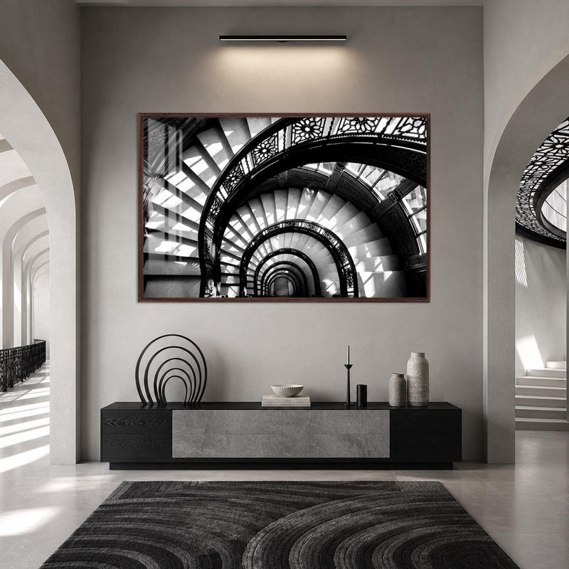 Artronauts Glass Print 18x12 cm | 7.1"x4.7" / Walnut Spiral Staircase Depths Glass Wall Art