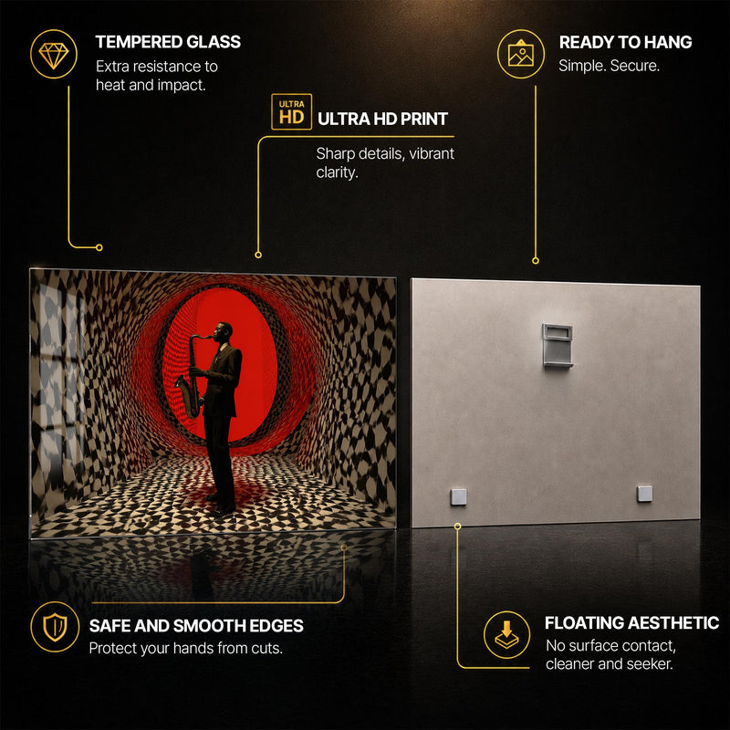 Crimson Jazz Portal — tempered glass, ultra HD print, ready to hang