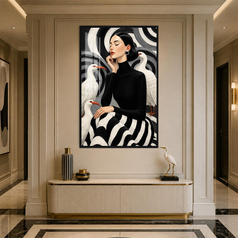 Artronauts Glass Print 12x18 cm | 4.7"x7.1" / Black Woman Among White Cranes Glass Wall Art