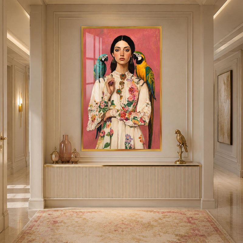 Artronauts Glass Print 12x18 cm | 4.7"x7.1" / Gold Parrot Garden Portrait Glass Wall Art