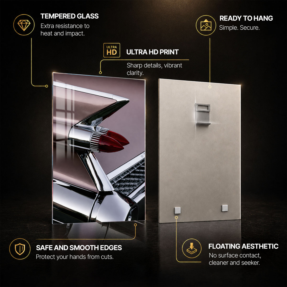 Chrome Tailfin — tempered glass, ultra HD print, ready to hang