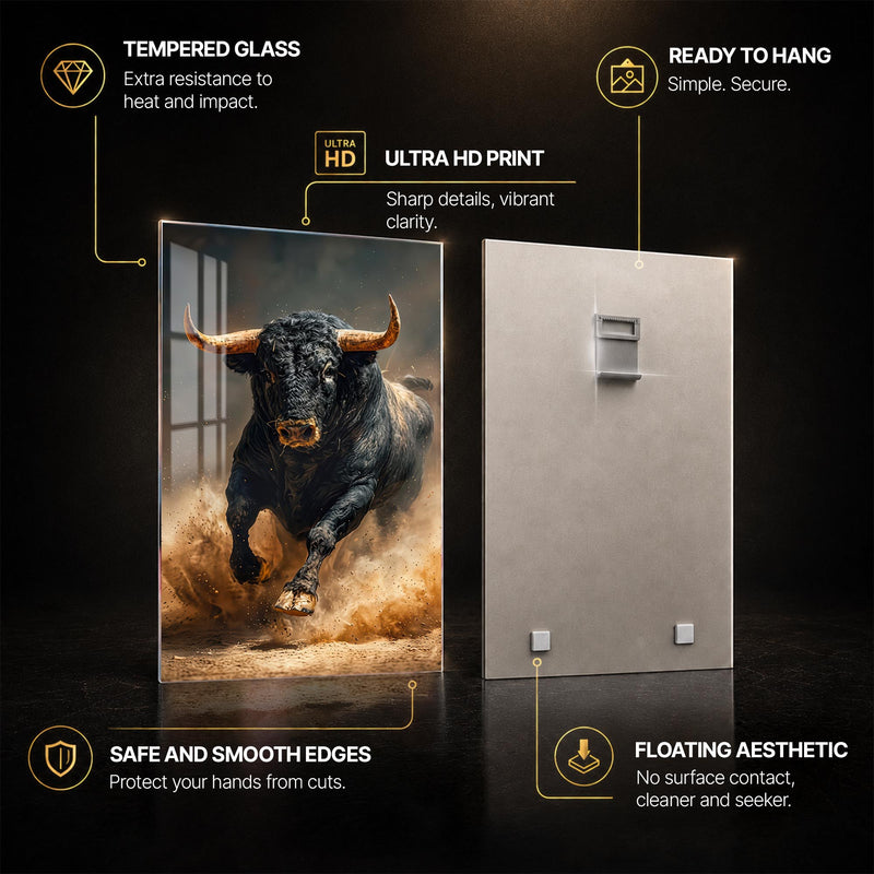 Charging Black Bull — tempered glass, ultra HD print, ready to hang