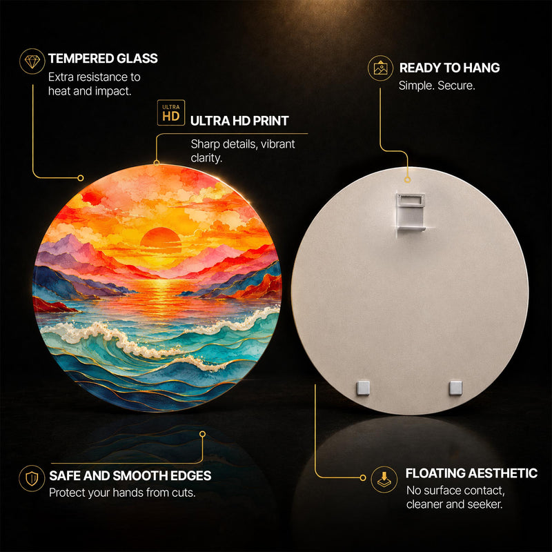 Golden Tide Sunset — tempered glass, ultra HD print, ready to hang