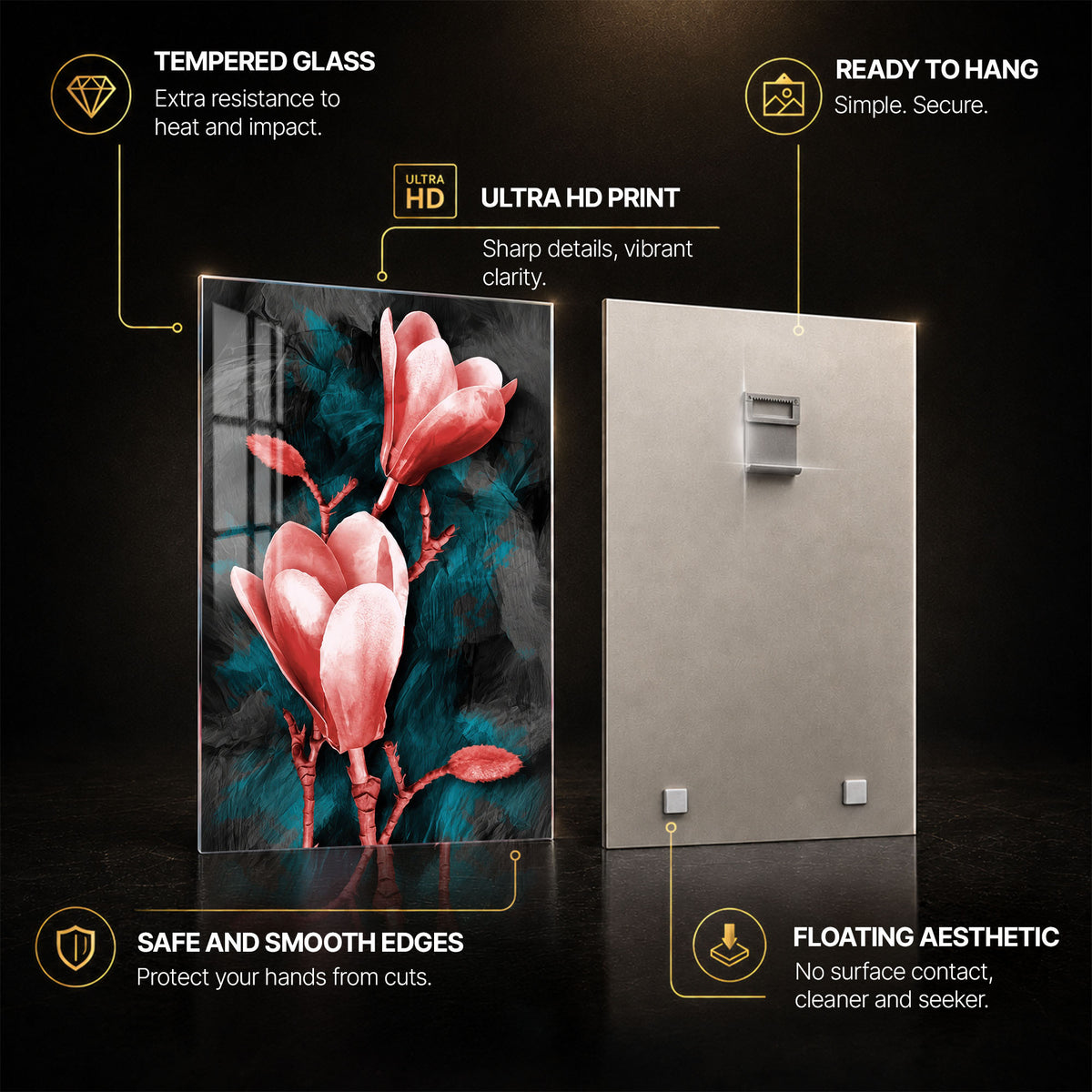 Midnight Magnolias — tempered glass, ultra HD print, ready to hang