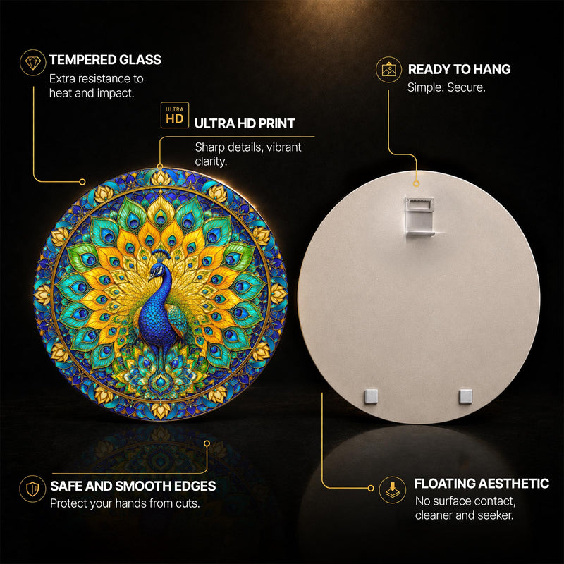 Regal Peacock Bloom II — tempered glass, ultra HD print, ready to hang