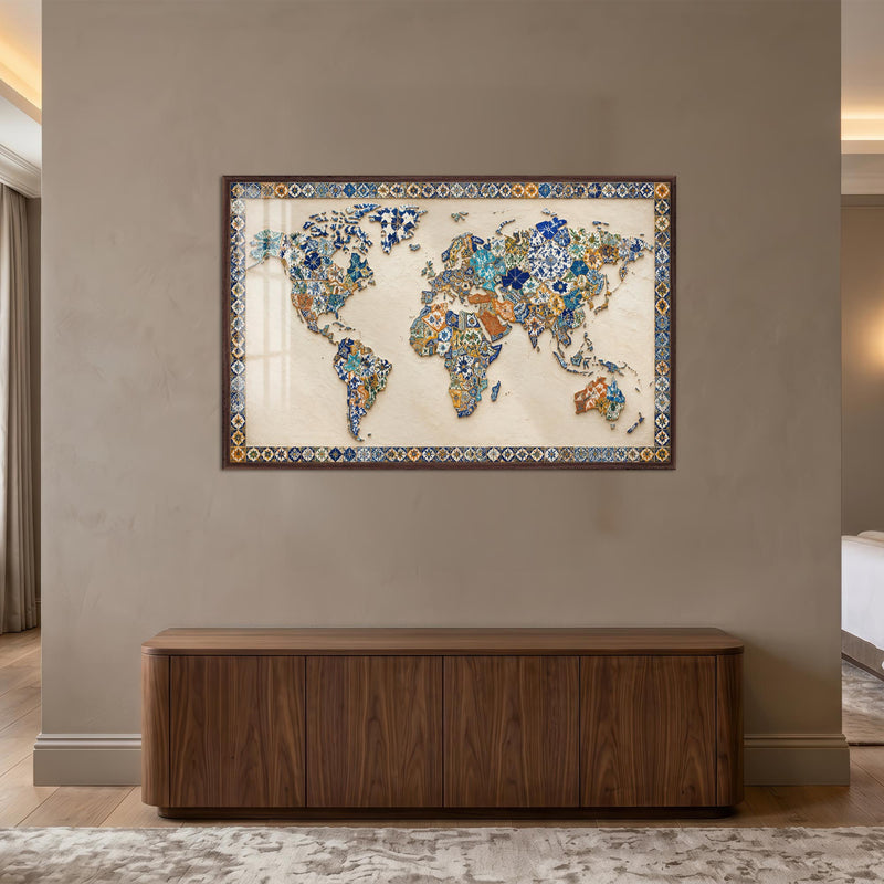 Mosaic World Map with walnut frame