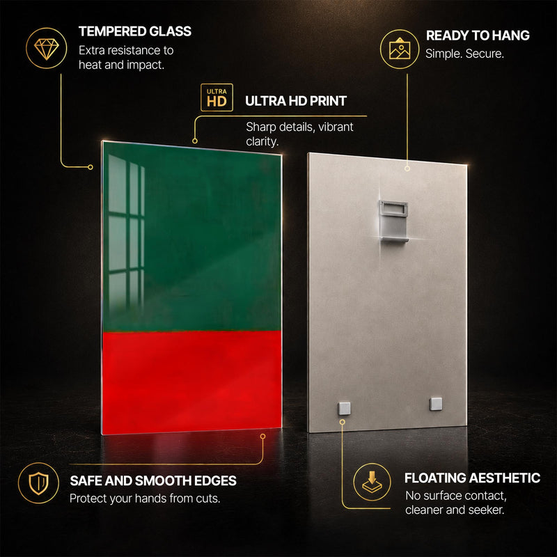 Emerald Crimson Divide — tempered glass, ultra HD print, ready to hang